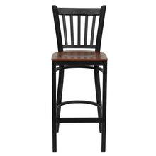 Load image into Gallery viewer, Black Vertical Back Metal Restaurant Barstool - Cherry Wood Seat
