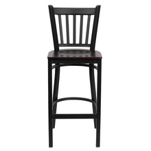 Load image into Gallery viewer, Black Vertical Back Metal Restaurant Barstool - Mahogany Wood Seat
