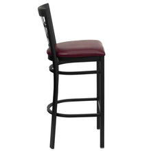 Load image into Gallery viewer, Black Window Back Metal Restaurant Barstool - Burgundy Vinyl Seat
