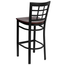 Load image into Gallery viewer, Black Window Back Metal Restaurant Barstool - Mahogany Wood Seat
