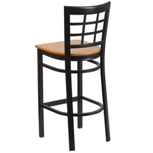 Load image into Gallery viewer, Black Window Back Metal Restaurant Barstool - Natural Wood Seat
