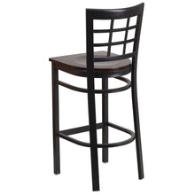 Load image into Gallery viewer, Black Window Back Metal Restaurant Barstool - Walnut Wood Seat
