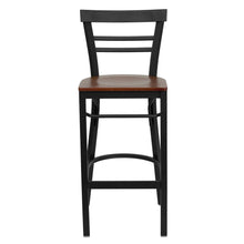 Load image into Gallery viewer, Black Two-Slat Ladder Back Metal Restaurant Barstool - Cherry Wood Seat
