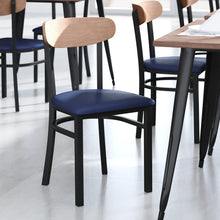 Load image into Gallery viewer, Dining Chair, Natural Birch Finish Wooden Boomerang Back, and Blue Vinyl Seat
