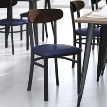 Load image into Gallery viewer, Dining Chair, Wooden Boomerang Back, and Blue Vinyl Seat
