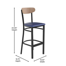 Load image into Gallery viewer, Barstool, Natural Birch Finish Wooden Boomerang Back, and Blue Vinyl Seat
