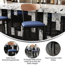 Load image into Gallery viewer, Barstool, Natural Birch Finish Wooden Boomerang Back, and Blue Vinyl Seat
