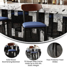 Load image into Gallery viewer, Barstool, Wooden Boomerang Back, and Blue Vinyl Seat

