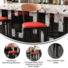 Load image into Gallery viewer, Barstool, Natural Birch Finish Wooden Boomerang Back, and Red Vinyl Seat
