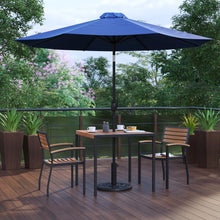 Load image into Gallery viewer, 5 Piece Patio Table Set with 2 Stackable Chairs, 35" Table, Navy Umbrella, Base
