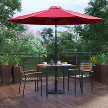 Load image into Gallery viewer, 5 Piece Patio Table Set with 2 Stackable Chairs, 35" Table, Red Umbrella, Base
