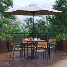 Load image into Gallery viewer, 7 Piece Patio Table Set with 4 Stackable Chairs, 35" Table, Gray Umbrella, Base
