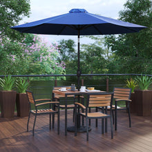 Load image into Gallery viewer, 7 Piece Patio Table Set with 4 Stackable Chairs, 35" Table, Navy Umbrella, Base
