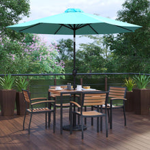 Load image into Gallery viewer, 7 Piece Table Set - 4 Stackable Chairs, 35" Table, Teal Umbrella, Base
