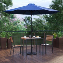 Load image into Gallery viewer, 5 Piece Patio Set-2 Stacking Chairs, 35" Table, Navy Umbrella, Base
