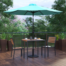 Load image into Gallery viewer, 5 Piece Patio Set-2 Stacking Chairs, 35" Table, Teal Umbrella, Base
