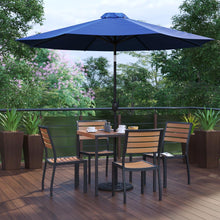 Load image into Gallery viewer, 7 Piece Patio Set-4 Stacking Chairs, 35" Table, Navy Umbrella, Base
