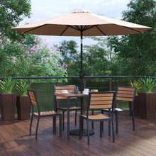 Load image into Gallery viewer, 7 Piece Patio Set - 4 Stacking Chairs, 35" Table, Tan Umbrella, Base
