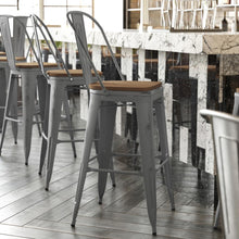 Load image into Gallery viewer, 30'' High Clear Coated Indoor Barstool with Back and Teak Poly Resin Wood Seat
