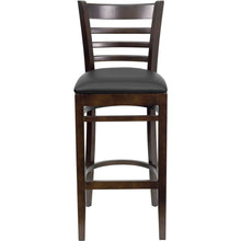 Load image into Gallery viewer, Ladder Back Walnut Wood Restaurant Barstool - Black Vinyl Seat
