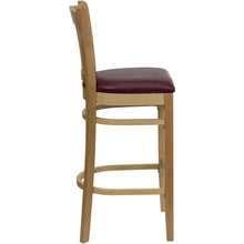 Load image into Gallery viewer, Vertical Slat Back Natural Wood Restaurant Barstool - Burgundy Vinyl Seat
