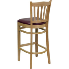 Load image into Gallery viewer, Vertical Slat Back Natural Wood Restaurant Barstool - Burgundy Vinyl Seat
