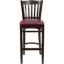 Load image into Gallery viewer, Vertical Slat Back Walnut Wood Restaurant Barstool - Burgundy Vinyl Seat
