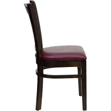 Load image into Gallery viewer, Vertical Slat Back Walnut Wood Restaurant Chair - Burgundy Vinyl Seat
