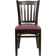 Load image into Gallery viewer, Vertical Slat Back Walnut Wood Restaurant Chair - Burgundy Vinyl Seat
