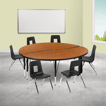 Load image into Gallery viewer, 60" Circle Wave Activity Table Set with 14" Student Stack Chairs, Oak/Black
