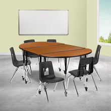 Load image into Gallery viewer, Mobile 76" Oval Wave Activity Table Set with 16" Student Stack Chairs, Oak/Black
