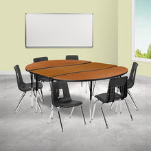 Load image into Gallery viewer, 86" Oval Wave Activity Table Set with 16" Student Stack Chairs, Oak/Black
