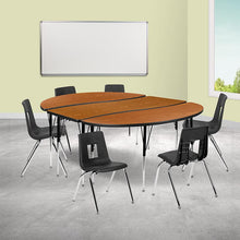 Load image into Gallery viewer, 86" Oval Wave Activity Table Set with 18" Student Stack Chairs, Oak/Black

