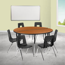 Load image into Gallery viewer, 60" Circle Wave Activity Table Set with 18" Student Stack Chairs, Oak/Black
