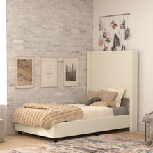 Load image into Gallery viewer, Twin Upholstered Platform Bed with Channel Stitched Wingback Headboard, Beige
