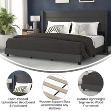 Load image into Gallery viewer, King Upholstered Platform Bed with Wingback Headboard, Charcoal Faux Linen
