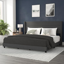 Load image into Gallery viewer, King Upholstered Platform Bed with Wingback Headboard, Charcoal Faux Linen
