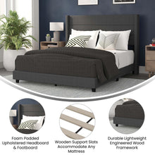 Load image into Gallery viewer, Queen Upholstered Platform Bed with Wingback Headboard, Charcoal Faux Linen
