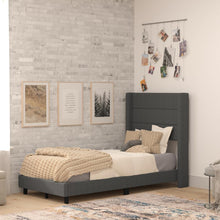 Load image into Gallery viewer, Twin Upholstered Platform Bed with Wingback Headboard, Charcoal Faux Linen
