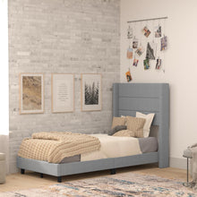 Load image into Gallery viewer, Twin Upholstered Platform Bed with Wingback Headboard, Gray Faux Linen
