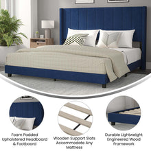 Load image into Gallery viewer, King Upholstered Platform Bed with Vertical Stitched Headboard, Navy Velvet
