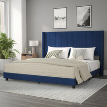 Load image into Gallery viewer, King Upholstered Platform Bed with Vertical Stitched Headboard, Navy Velvet
