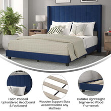 Load image into Gallery viewer, Queen Upholstered Platform Bed with Vertical Stitched Headboard, Navy Velvet
