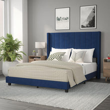 Load image into Gallery viewer, Queen Upholstered Platform Bed with Vertical Stitched Headboard, Navy Velvet
