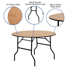 Load image into Gallery viewer, 4-Foot Round Wood Folding Banquet Table with Clear Coated Finished Top
