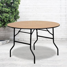 Load image into Gallery viewer, 4-Foot Round Wood Folding Banquet Table with Clear Coated Finished Top
