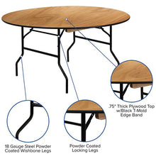 Load image into Gallery viewer, 5-Foot Round Wood Folding Banquet Table with Clear Coated Finished Top
