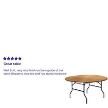 Load image into Gallery viewer, 5-Foot Round Wood Folding Banquet Table with Clear Coated Finished Top
