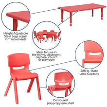 Load image into Gallery viewer, 24''W x 48''L Red Plastic Height Adjustable Activity Table Set with 6 Chairs

