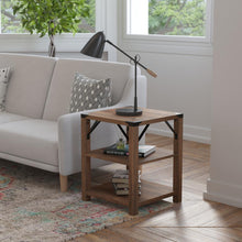 Load image into Gallery viewer, Farmhouse Wooden 3 Tier End Table with Black Metal Corner Accents, Oak
